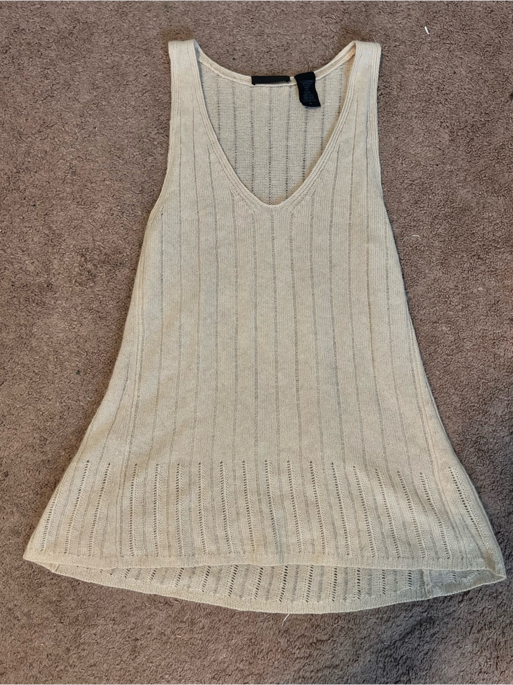 Donna Karan Cream Ribbed V-Neck Knit Wool and Silk Tank